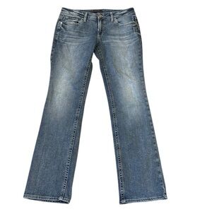 Silver Britt Slim Boot Cut Jeans Dark Blue Distressed Embroidered Low Rise 32x32